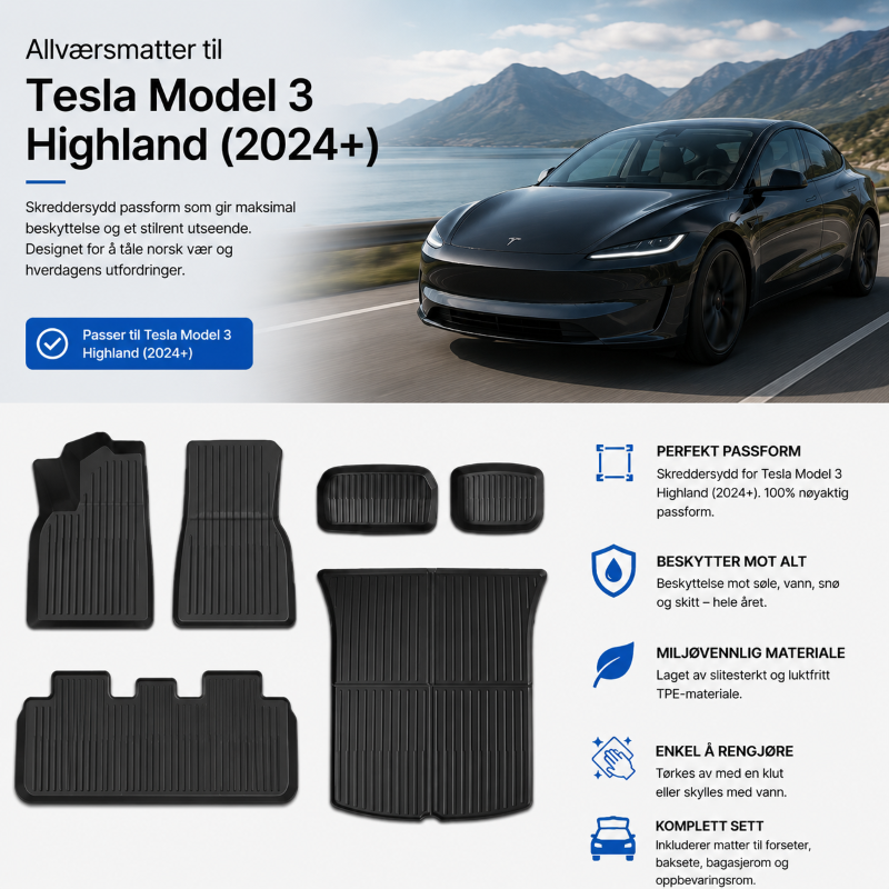 Allværsmatter Tesla Model 3 Highland (2024+) – Komplett sett